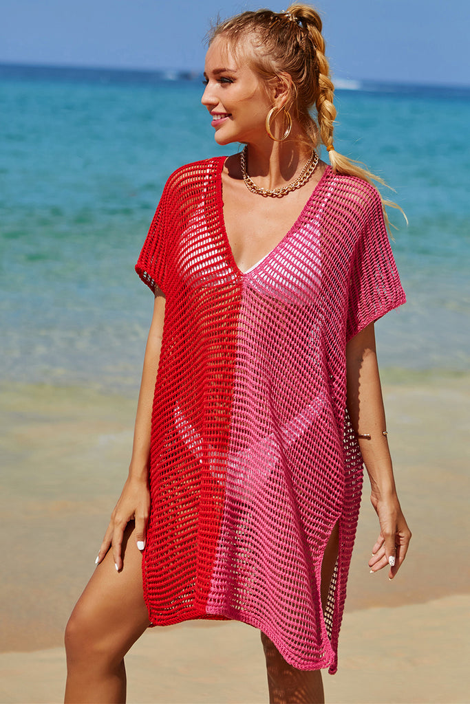 Double Take Openwork Contrast Slit Knit Cover Up-Timber Brooke Boutique, Online Women's Fashion Boutique in Amarillo, Texas