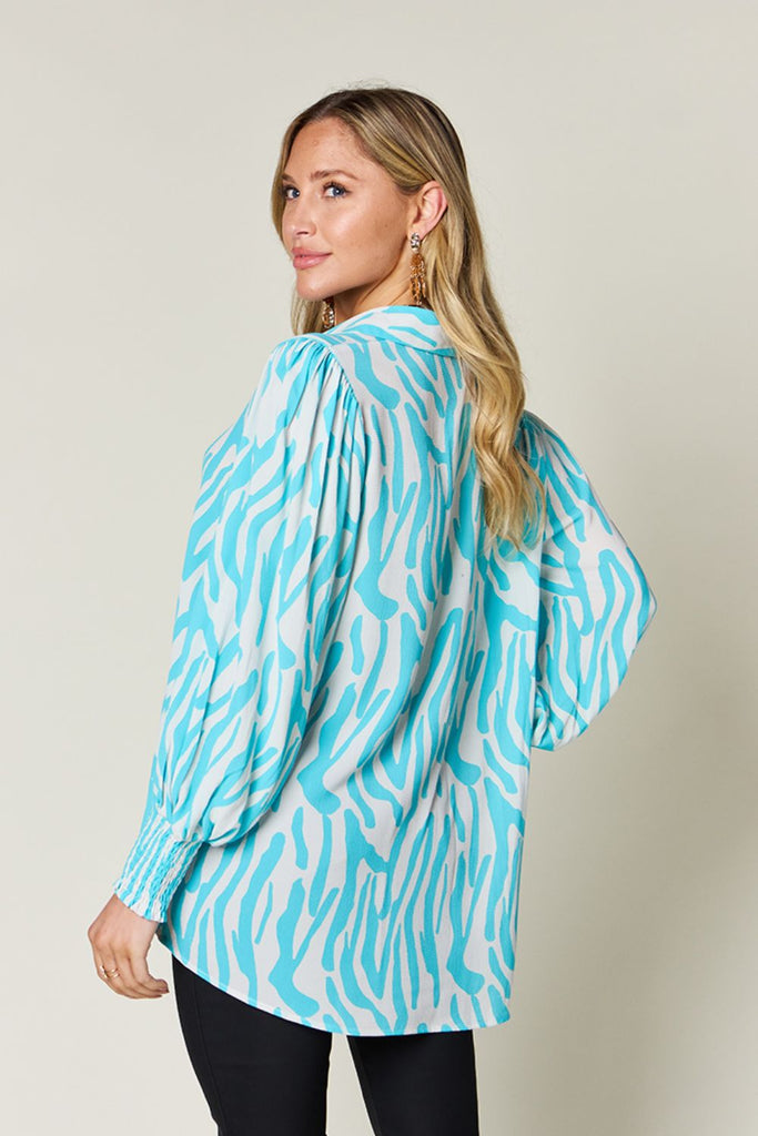 Double Take Full Size Printed Smocked Long Sleeve Blouse-Timber Brooke Boutique, Online Women's Fashion Boutique in Amarillo, Texas