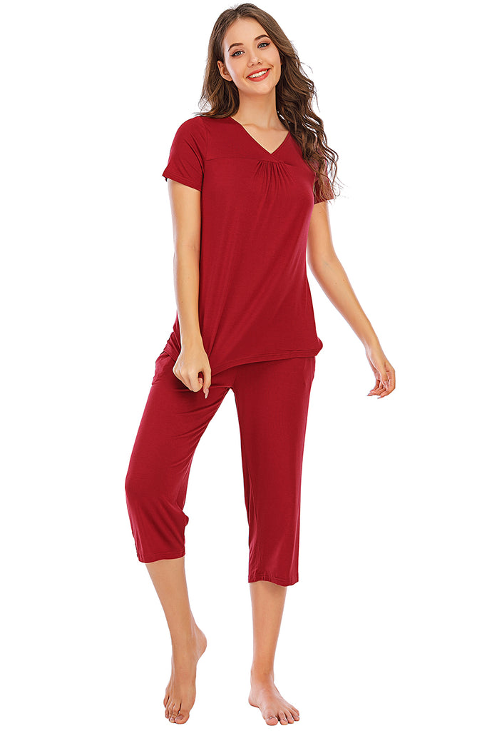 V-Neck Short Sleeve Top and Pants Lounge Set-Timber Brooke Boutique, Online Women's Fashion Boutique in Amarillo, Texas