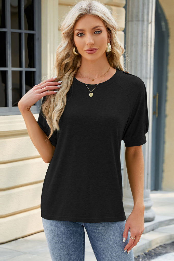 Round Neck Buttoned Short Sleeve T-Shirt-Timber Brooke Boutique, Online Women's Fashion Boutique in Amarillo, Texas
