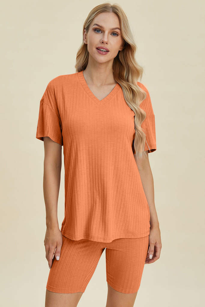 Basic Bae Full Size Ribbed V-Neck Short Sleeve Top and Shorts Set-Timber Brooke Boutique, Online Women's Fashion Boutique in Amarillo, Texas