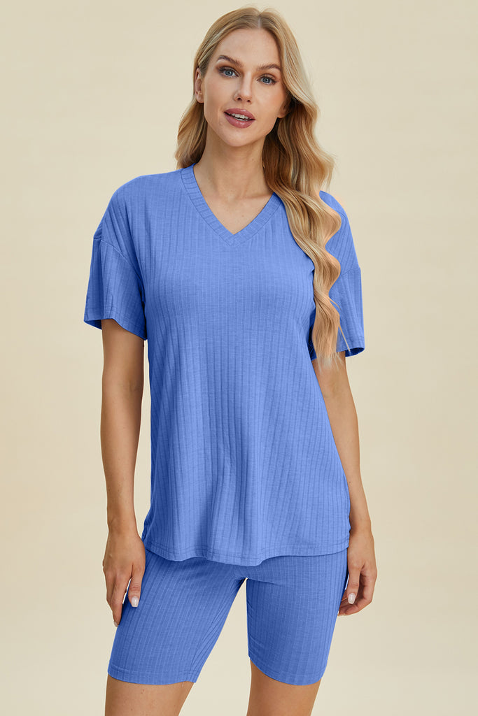 Basic Bae Full Size Ribbed V-Neck Short Sleeve Top and Shorts Set-Timber Brooke Boutique, Online Women's Fashion Boutique in Amarillo, Texas