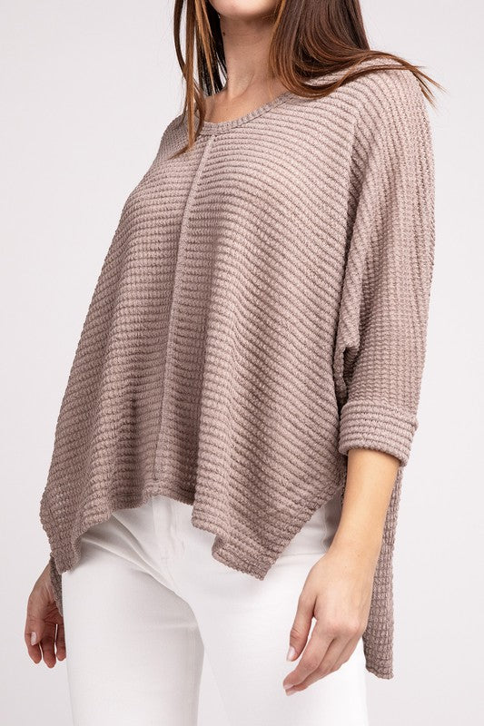 3/4 Sleeve V-Neck Hi-Low Hem Jacquard Sweater-Timber Brooke Boutique, Online Women's Fashion Boutique in Amarillo, Texas