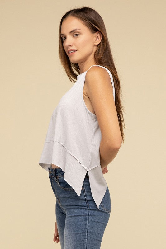 Shark Bite Side Slit Short Sleeveless Top-Timber Brooke Boutique, Online Women's Fashion Boutique in Amarillo, Texas