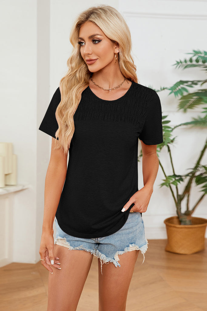 Ruched Round Neck Short Sleeve T-Shirt-Timber Brooke Boutique, Online Women's Fashion Boutique in Amarillo, Texas