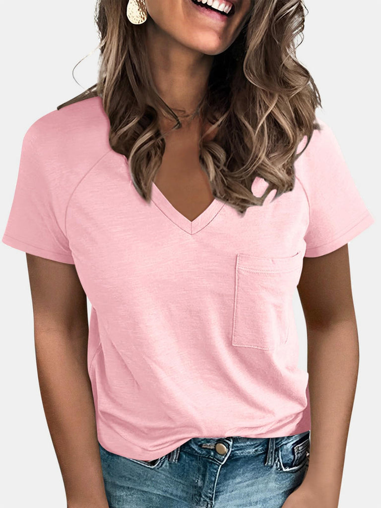 Pocketed V-Neck Short Sleeve T-Shirt-Timber Brooke Boutique, Online Women's Fashion Boutique in Amarillo, Texas