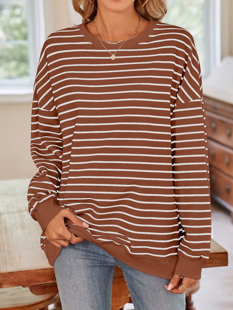 Striped Round Neck Long Sleeve Sweatshirt-Timber Brooke Boutique, Online Women's Fashion Boutique in Amarillo, Texas