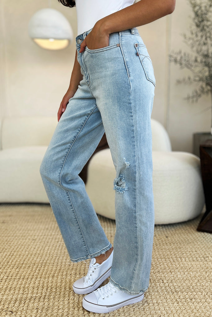 Judy Blue Full Size High Waist Distressed Straight Jeans-Timber Brooke Boutique, Online Women's Fashion Boutique in Amarillo, Texas