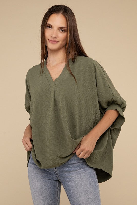 Woven Airflow V-Neck Puff Half Sleeve Top-Timber Brooke Boutique, Online Women's Fashion Boutique in Amarillo, Texas