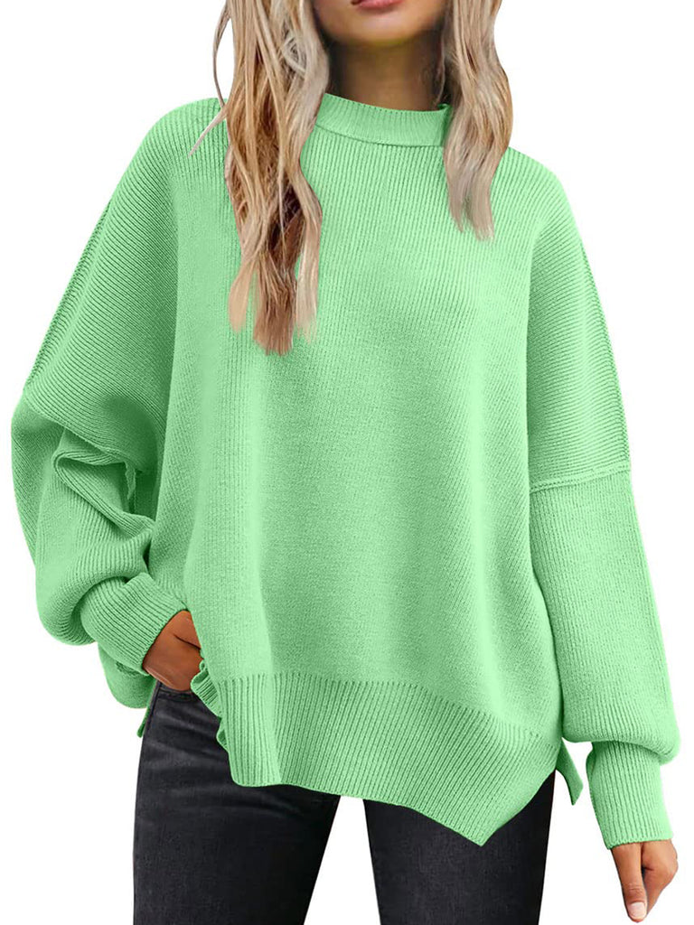 Slit Round Neck Dropped Shoulder Sweater-Timber Brooke Boutique, Online Women's Fashion Boutique in Amarillo, Texas