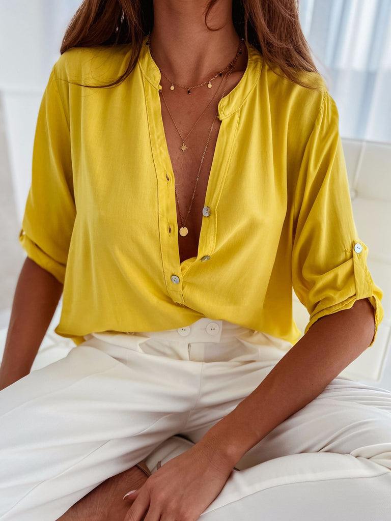 Half Button Notched Half Sleeve Blouse-Timber Brooke Boutique, Online Women's Fashion Boutique in Amarillo, Texas