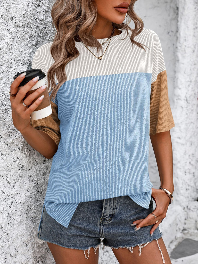 Color Block Round Neck Half Sleeve T-Shirt-Timber Brooke Boutique, Online Women's Fashion Boutique in Amarillo, Texas