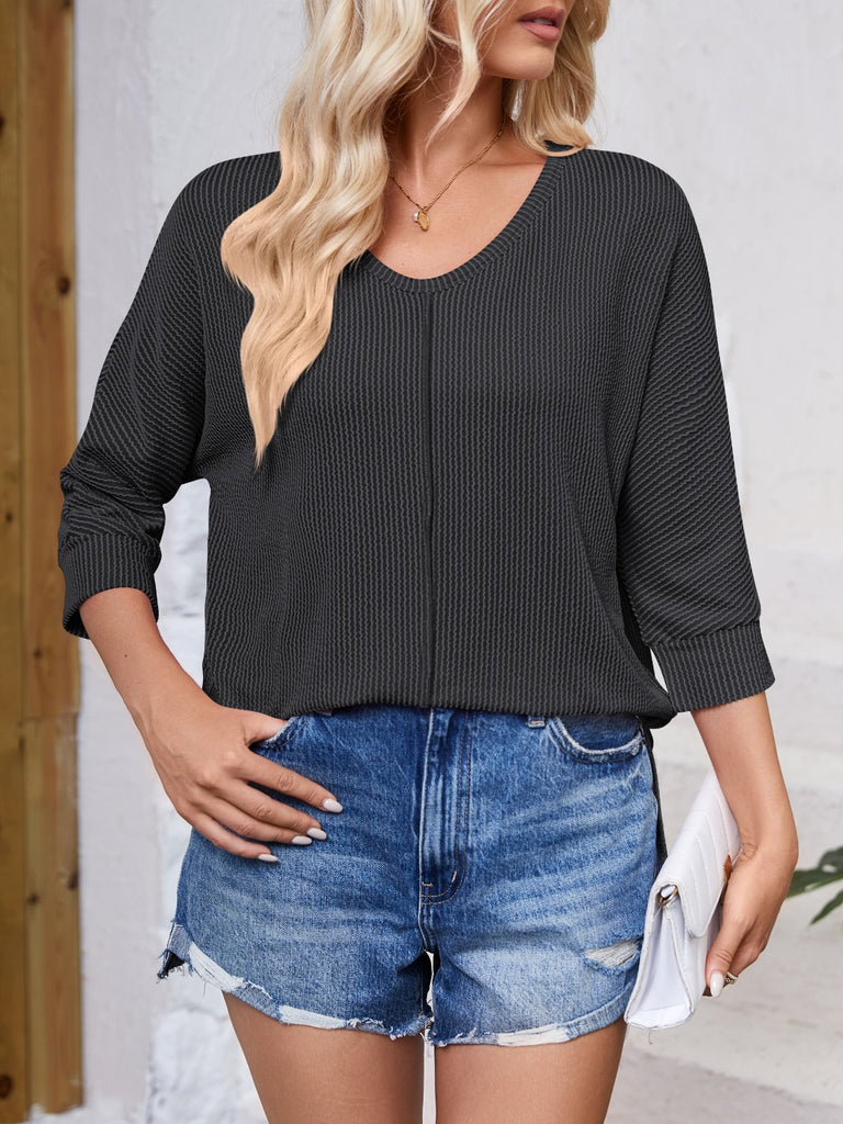 Textured Round Neck Three-Quarter Sleeve Blouse-Timber Brooke Boutique, Online Women's Fashion Boutique in Amarillo, Texas