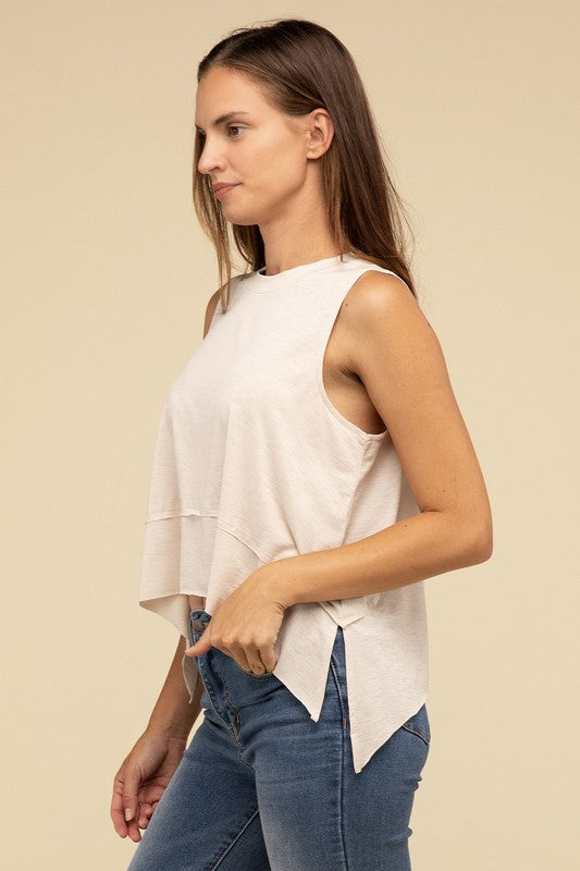 Shark Bite Side Slit Short Sleeveless Top-Timber Brooke Boutique, Online Women's Fashion Boutique in Amarillo, Texas