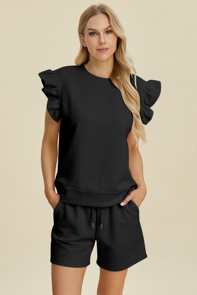 Double Take Full Size Texture Round Neck Ruffle Sleeve Top and Shorts Set-Timber Brooke Boutique, Online Women's Fashion Boutique in Amarillo, Texas