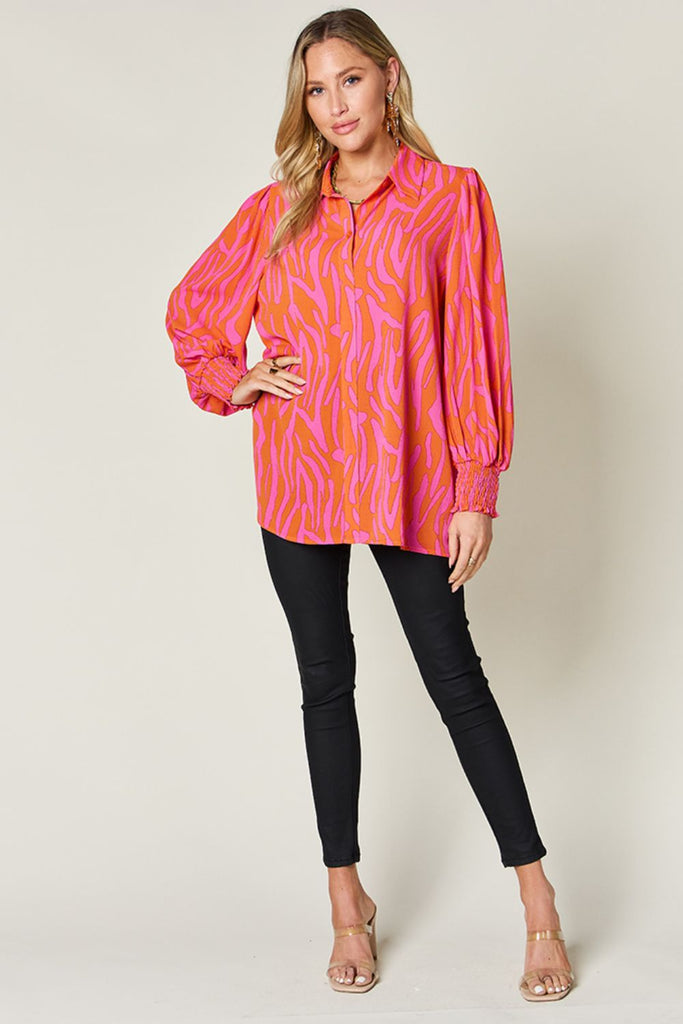 Double Take Full Size Printed Smocked Long Sleeve Blouse-Timber Brooke Boutique, Online Women's Fashion Boutique in Amarillo, Texas