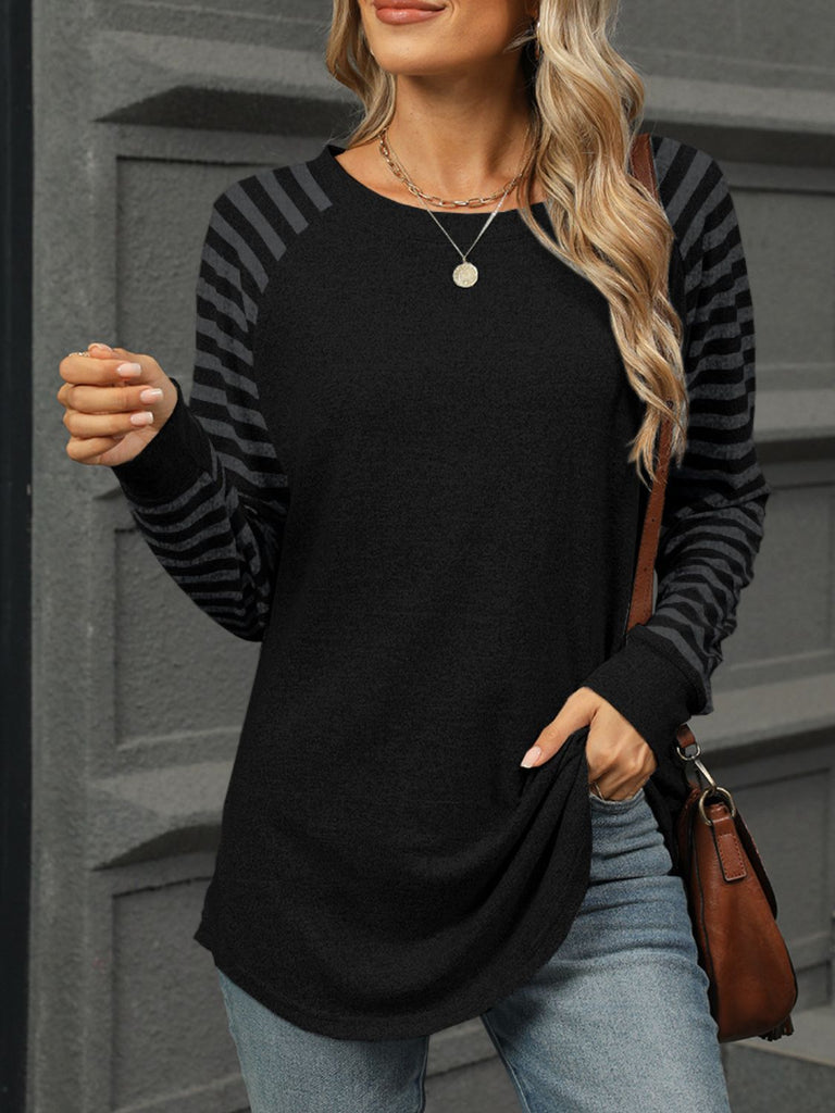 Striped Round Neck Long Sleeve T-Shirt-Timber Brooke Boutique, Online Women's Fashion Boutique in Amarillo, Texas