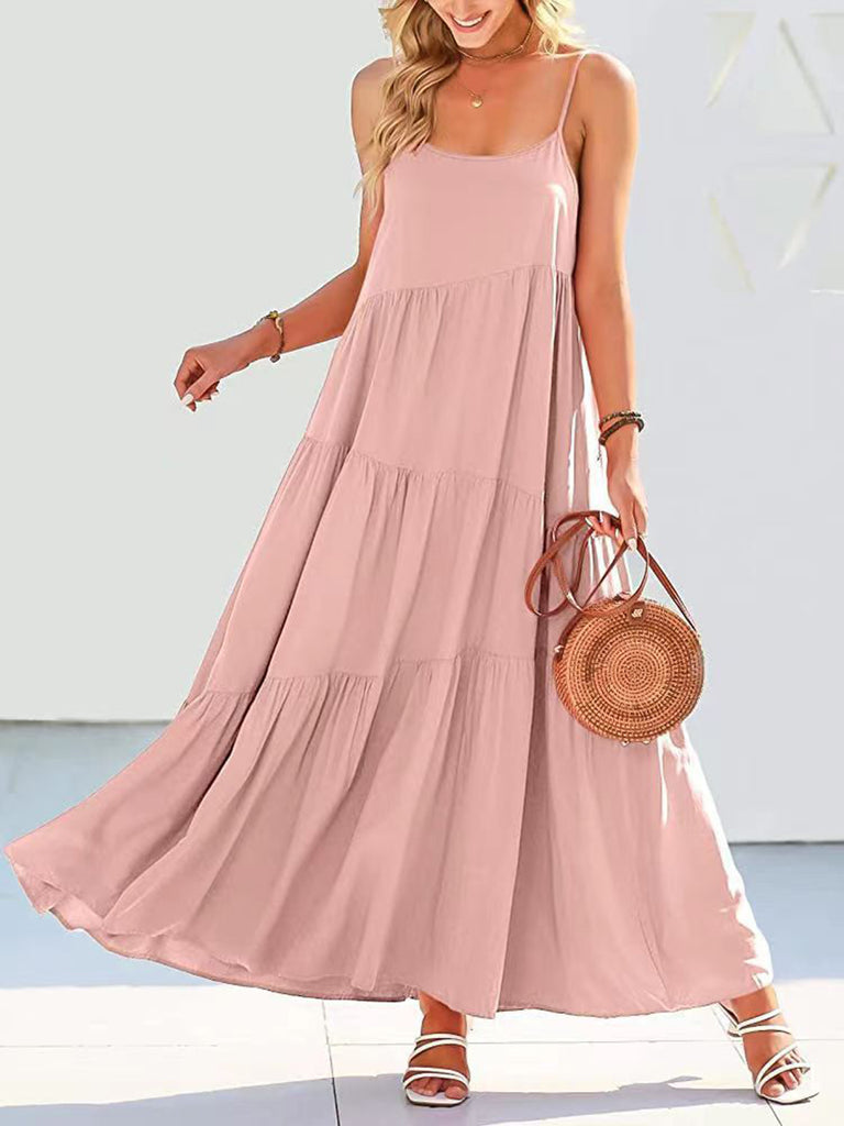 Full Size Ruched Tiered Spaghetti Strap Dress-Timber Brooke Boutique, Online Women's Fashion Boutique in Amarillo, Texas
