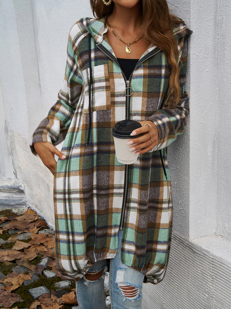 Plaid Zip Up Hooded Coat-Timber Brooke Boutique, Online Women's Fashion Boutique in Amarillo, Texas