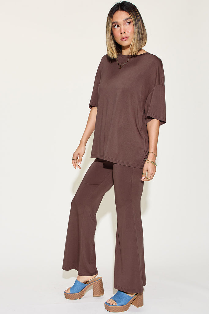 Basic Bae Full Size Bamboo Drop Shoulder T-Shirt and Flare Pants Set-Timber Brooke Boutique, Online Women's Fashion Boutique in Amarillo, Texas