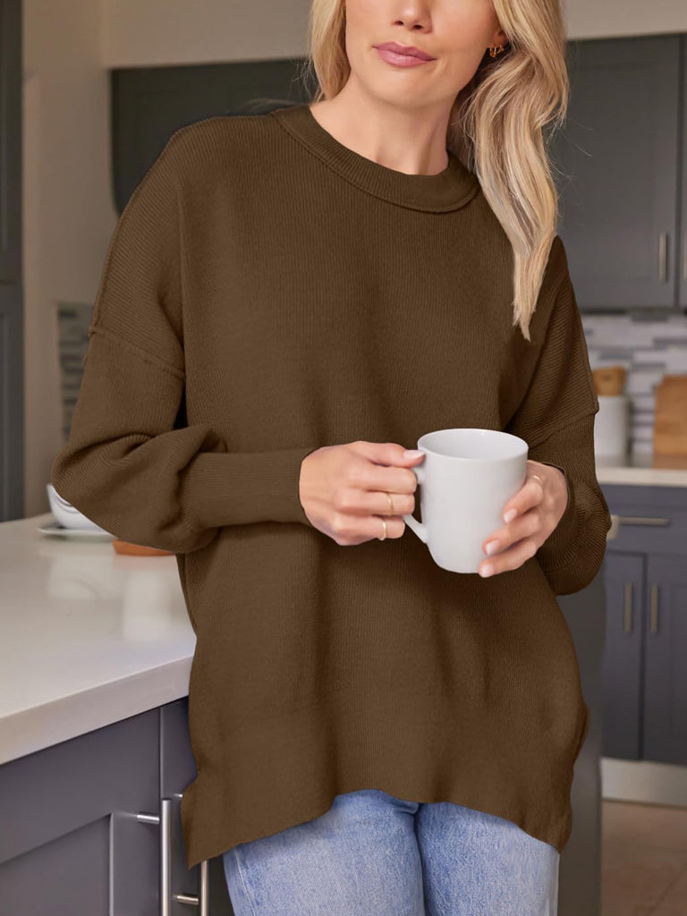 Slit Round Neck Dropped Shoulder Sweater-Timber Brooke Boutique, Online Women's Fashion Boutique in Amarillo, Texas