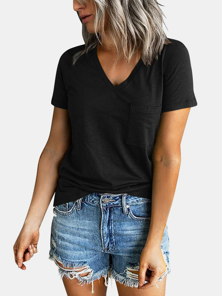 Pocketed V-Neck Short Sleeve T-Shirt-Timber Brooke Boutique, Online Women's Fashion Boutique in Amarillo, Texas