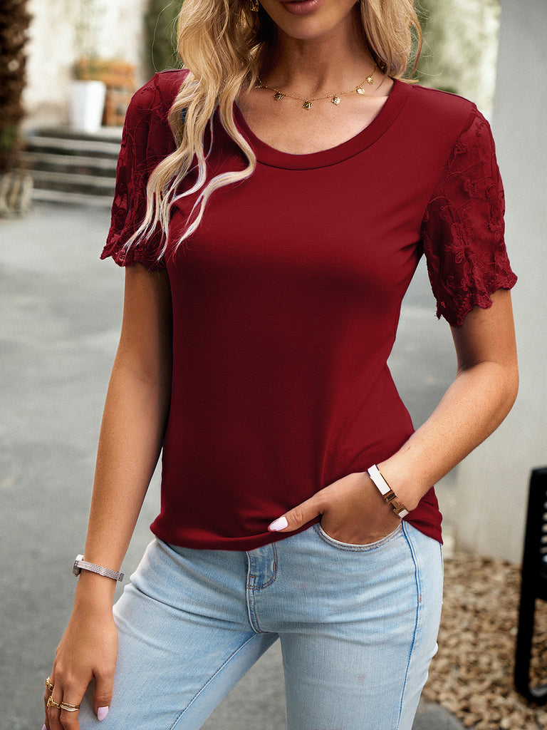 Lace Detail Round Neck Short Sleeve T-Shirt-Timber Brooke Boutique, Online Women's Fashion Boutique in Amarillo, Texas