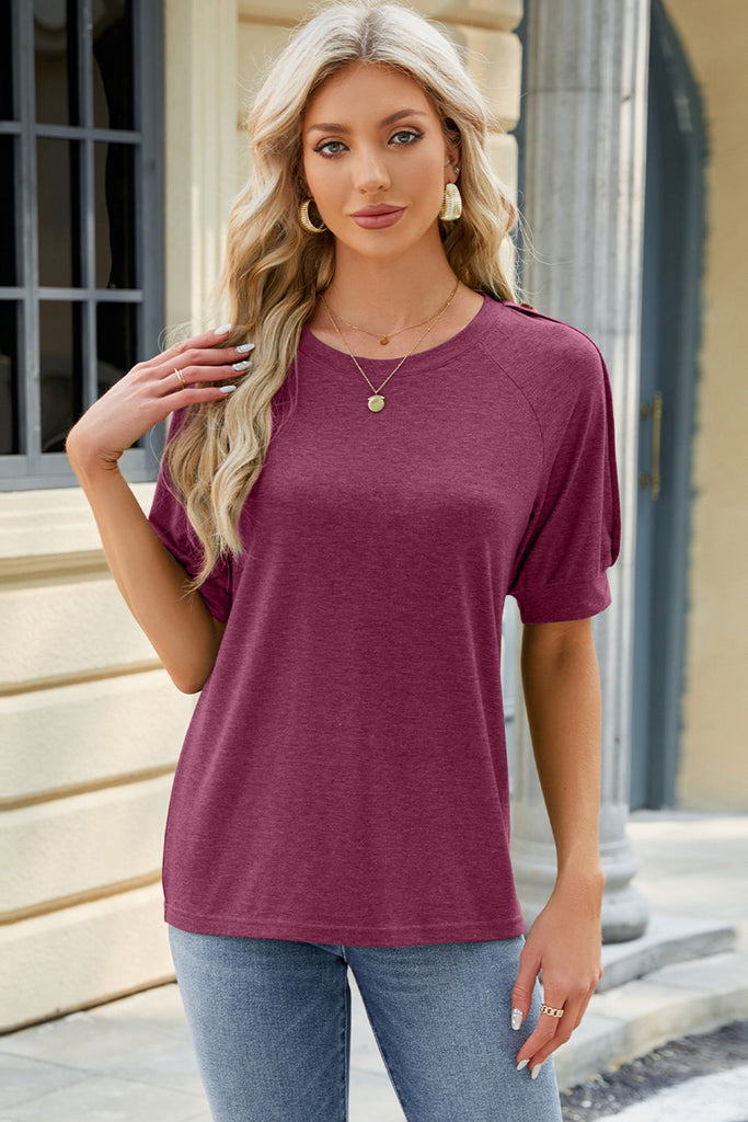 Round Neck Buttoned Short Sleeve T-Shirt-Timber Brooke Boutique, Online Women's Fashion Boutique in Amarillo, Texas