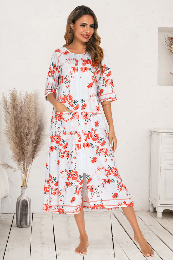 Printed Slit Night Dress with Pockets-Timber Brooke Boutique, Online Women's Fashion Boutique in Amarillo, Texas