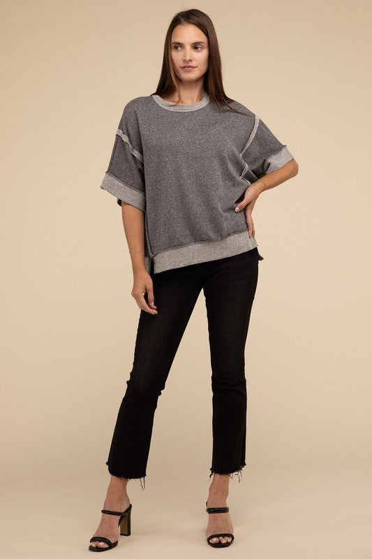 Contrast Trim Top Stitching Drop Shoulder Top-Timber Brooke Boutique, Online Women's Fashion Boutique in Amarillo, Texas