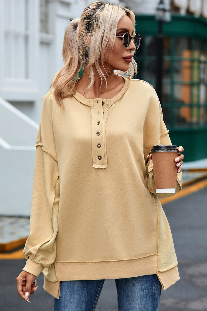 Buttoned Dropped Shoulder Sweatshirt-Timber Brooke Boutique, Online Women's Fashion Boutique in Amarillo, Texas