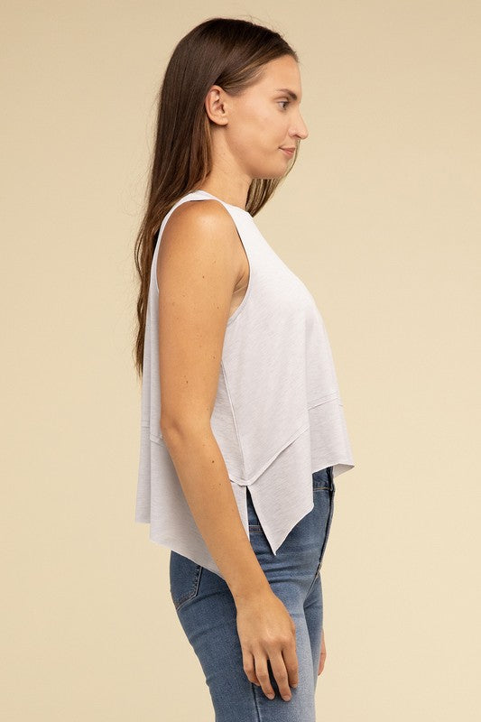 Shark Bite Side Slit Short Sleeveless Top-Timber Brooke Boutique, Online Women's Fashion Boutique in Amarillo, Texas