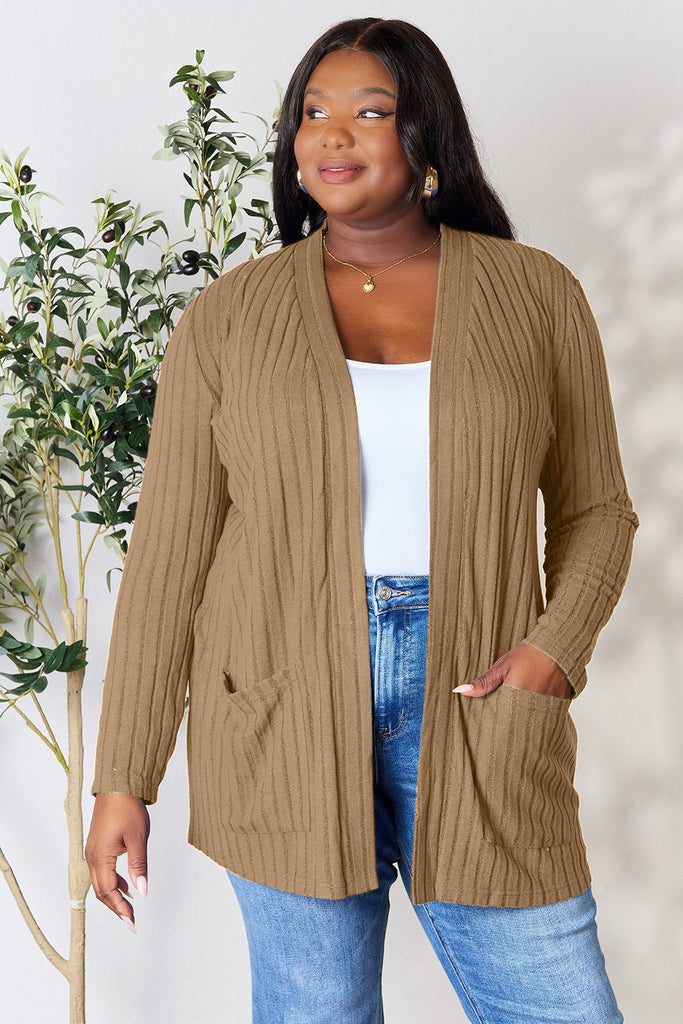 Basic Bae Full Size Ribbed Open Front Cardigan with Pockets-Timber Brooke Boutique, Online Women's Fashion Boutique in Amarillo, Texas