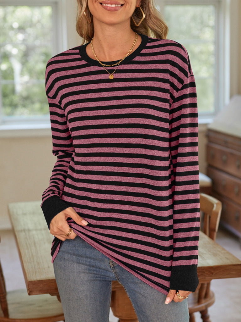 Striped Round Neck Long Sleeve T-Shirt-Timber Brooke Boutique, Online Women's Fashion Boutique in Amarillo, Texas