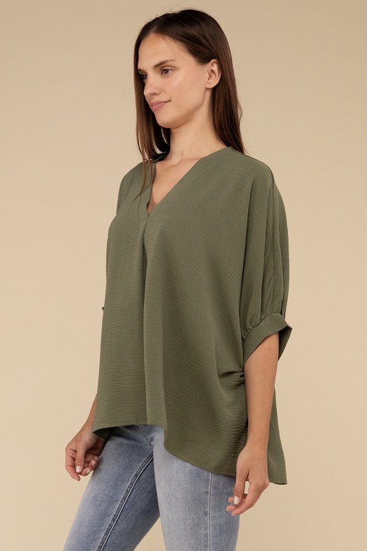 Woven Airflow V-Neck Puff Half Sleeve Top-Timber Brooke Boutique, Online Women's Fashion Boutique in Amarillo, Texas