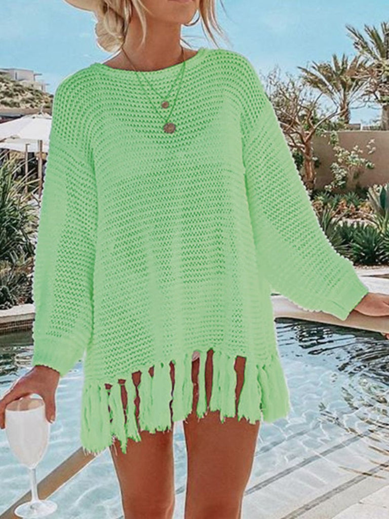 Double Take Openwork Tassel Hem Long Sleeve Knit Cover Up-Timber Brooke Boutique, Online Women's Fashion Boutique in Amarillo, Texas