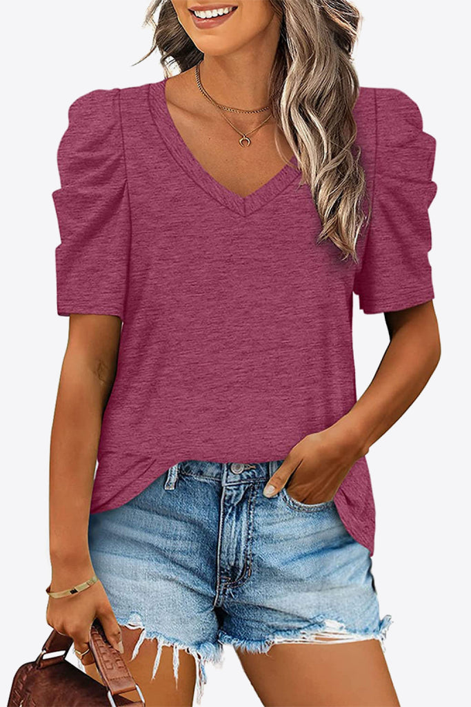 V-Neck Puff Sleeve Tee-Timber Brooke Boutique, Online Women's Fashion Boutique in Amarillo, Texas