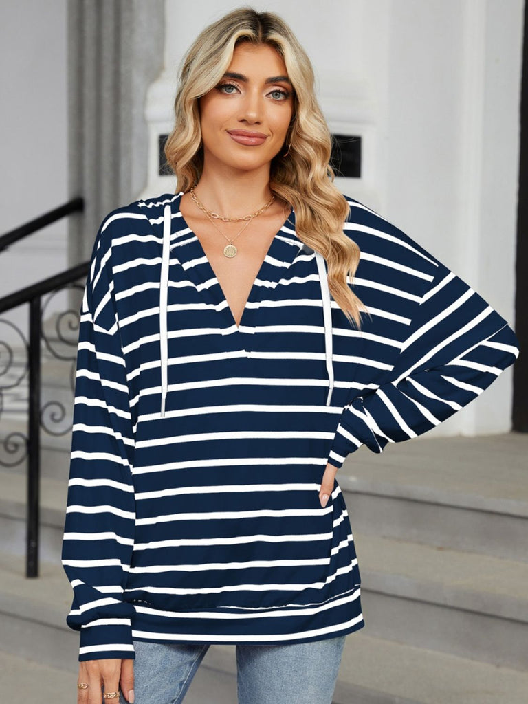 Drawstring Striped Long Sleeve Hoodie-Timber Brooke Boutique, Online Women's Fashion Boutique in Amarillo, Texas