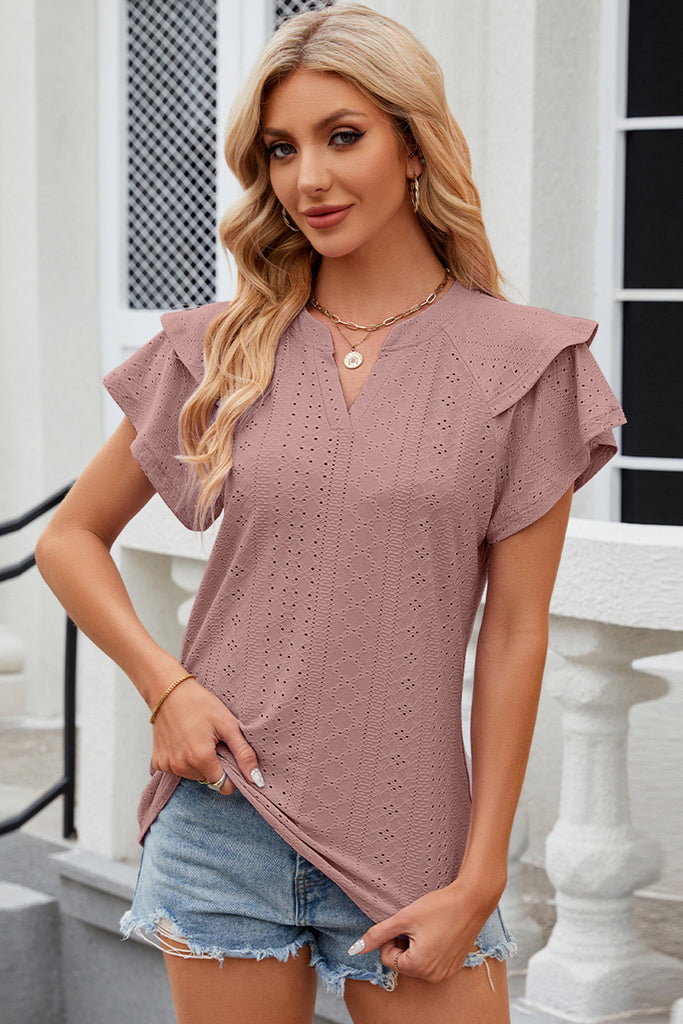 Eyelet Notched Flutter Sleeve T-Shirt-Timber Brooke Boutique, Online Women's Fashion Boutique in Amarillo, Texas