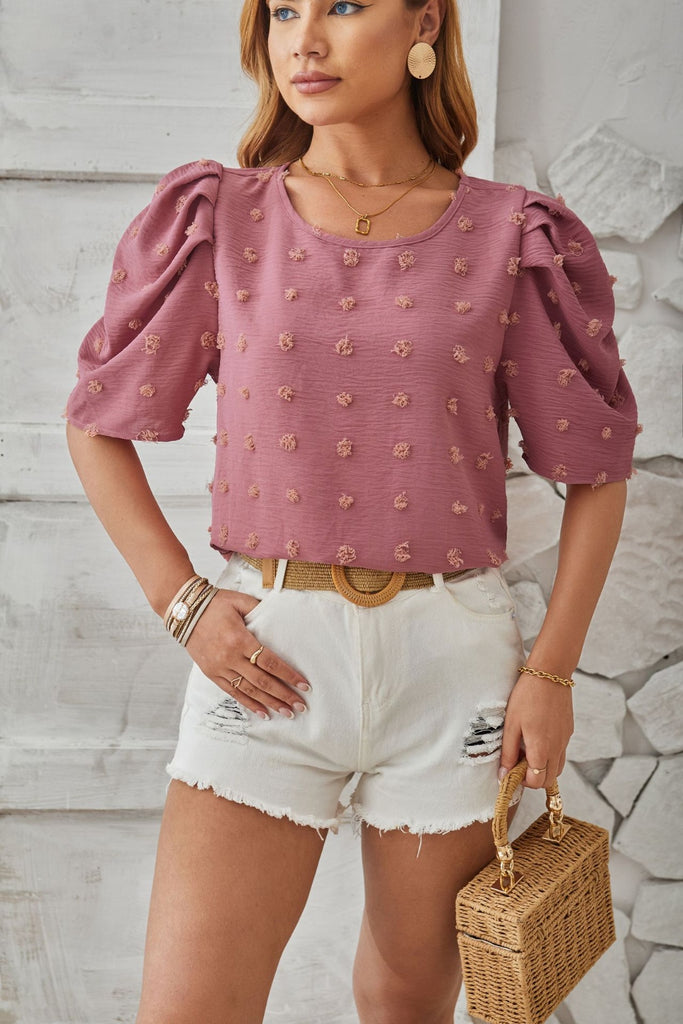 Swiss Dot Round Neck Short Sleeve Blouse-Timber Brooke Boutique, Online Women's Fashion Boutique in Amarillo, Texas