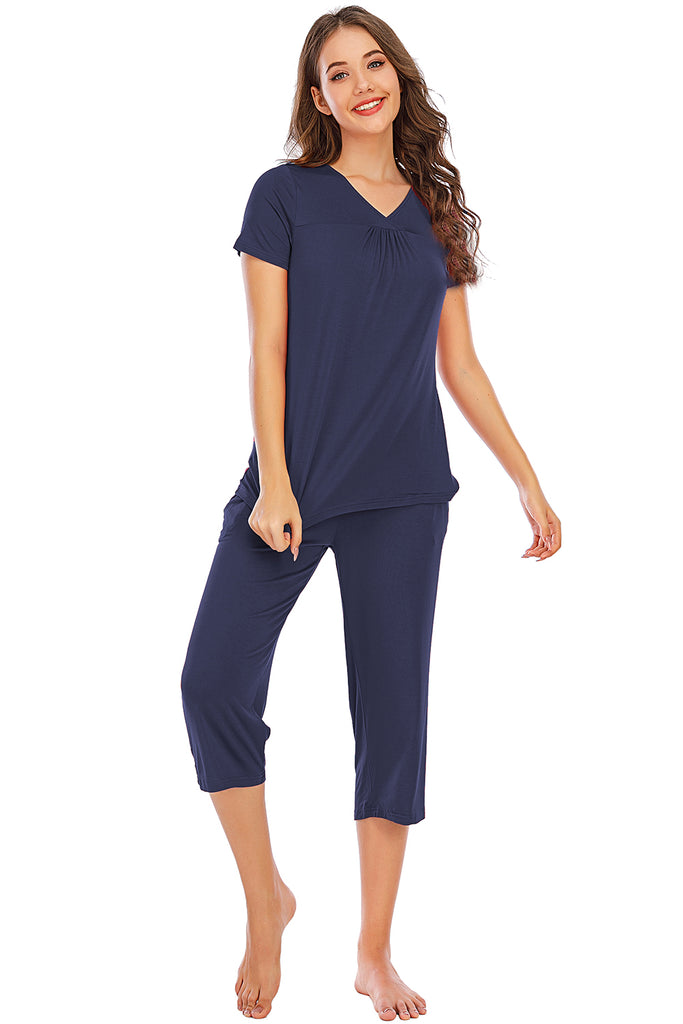 V-Neck Short Sleeve Top and Pants Lounge Set-Timber Brooke Boutique, Online Women's Fashion Boutique in Amarillo, Texas