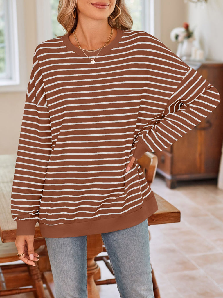 Striped Round Neck Long Sleeve Sweatshirt-Timber Brooke Boutique, Online Women's Fashion Boutique in Amarillo, Texas