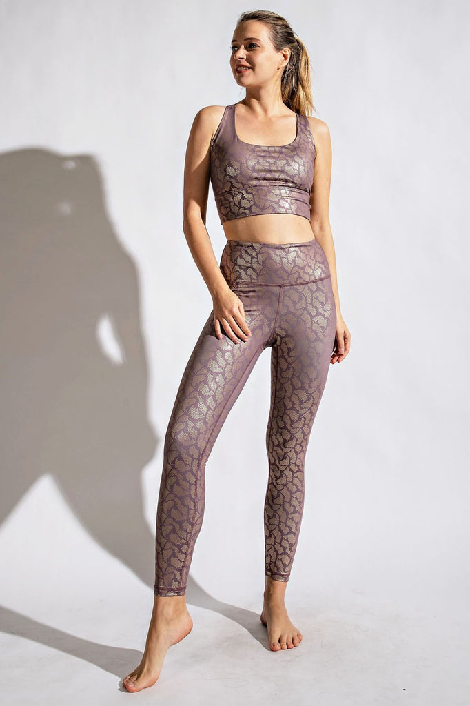 Dark Mauve Foil Leggings-Shorts-Timber Brooke Boutique, Online Women's Fashion Boutique in Amarillo, Texas