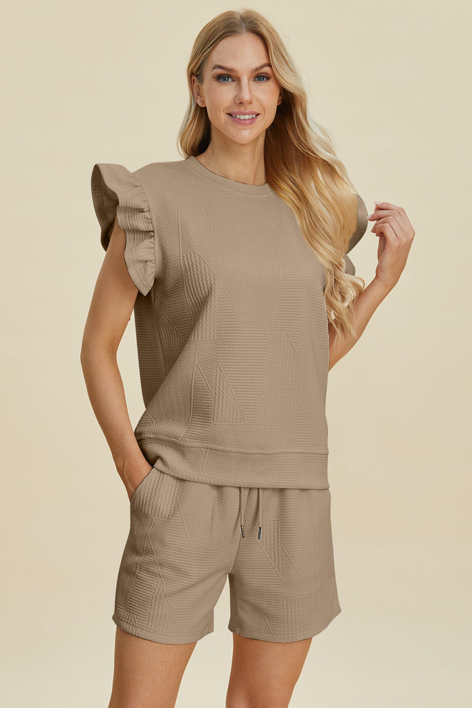 Double Take Full Size Texture Round Neck Ruffle Sleeve Top and Shorts Set-Timber Brooke Boutique, Online Women's Fashion Boutique in Amarillo, Texas