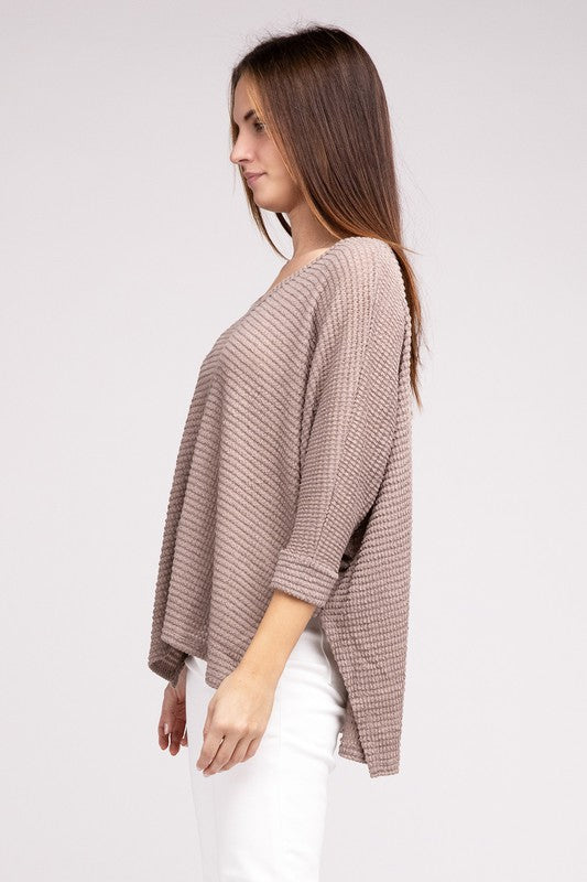 3/4 Sleeve V-Neck Hi-Low Hem Jacquard Sweater-Timber Brooke Boutique, Online Women's Fashion Boutique in Amarillo, Texas