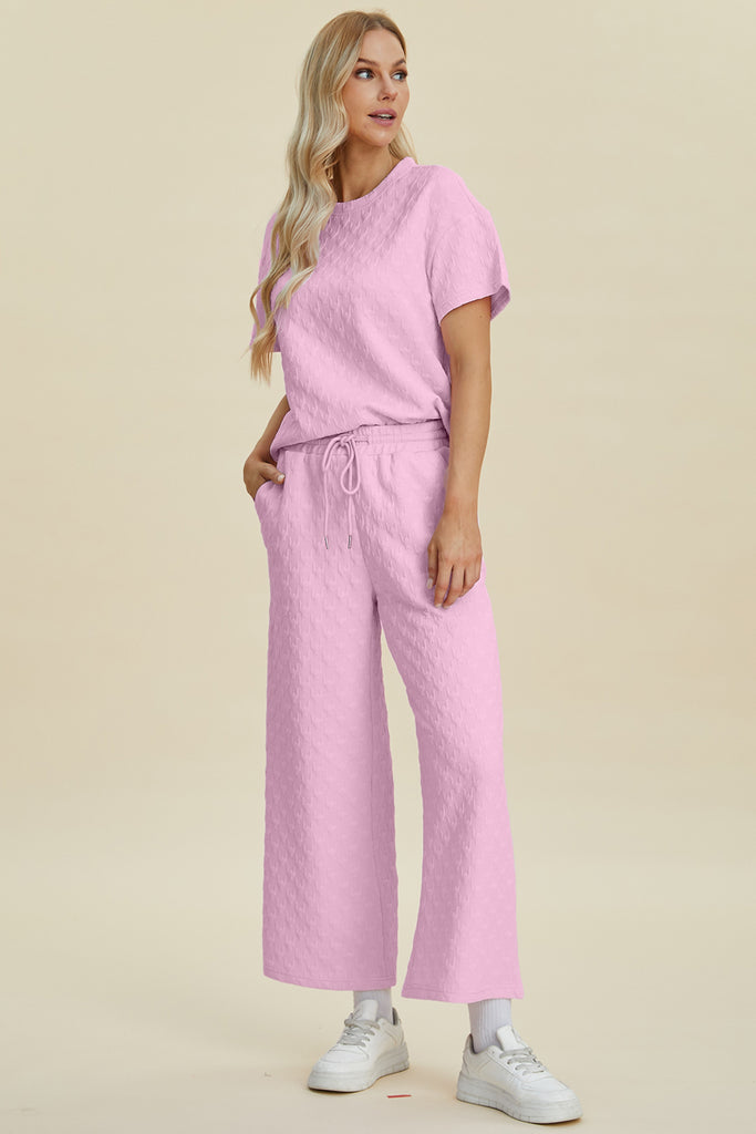 Double Take Full Size Texture Round Neck Short Sleeve Top and Pants Set-Timber Brooke Boutique, Online Women's Fashion Boutique in Amarillo, Texas