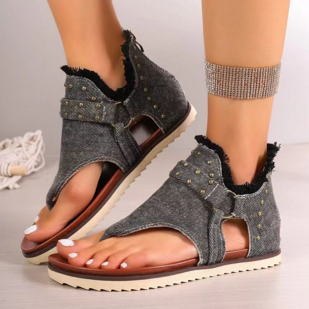 Studded Raw Hem Flat Sandals-Timber Brooke Boutique, Online Women's Fashion Boutique in Amarillo, Texas