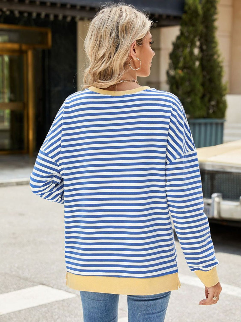 Slit Striped Round Neck Long Sleeve Sweatshirt-Timber Brooke Boutique, Online Women's Fashion Boutique in Amarillo, Texas