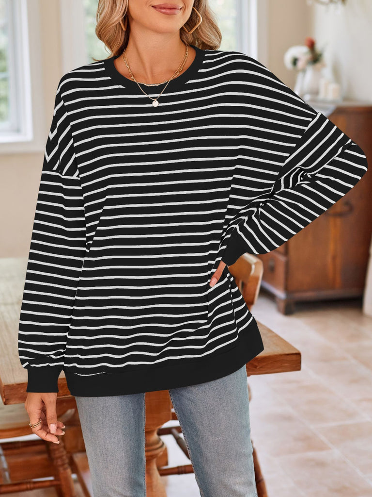 Striped Round Neck Long Sleeve Sweatshirt-Timber Brooke Boutique, Online Women's Fashion Boutique in Amarillo, Texas