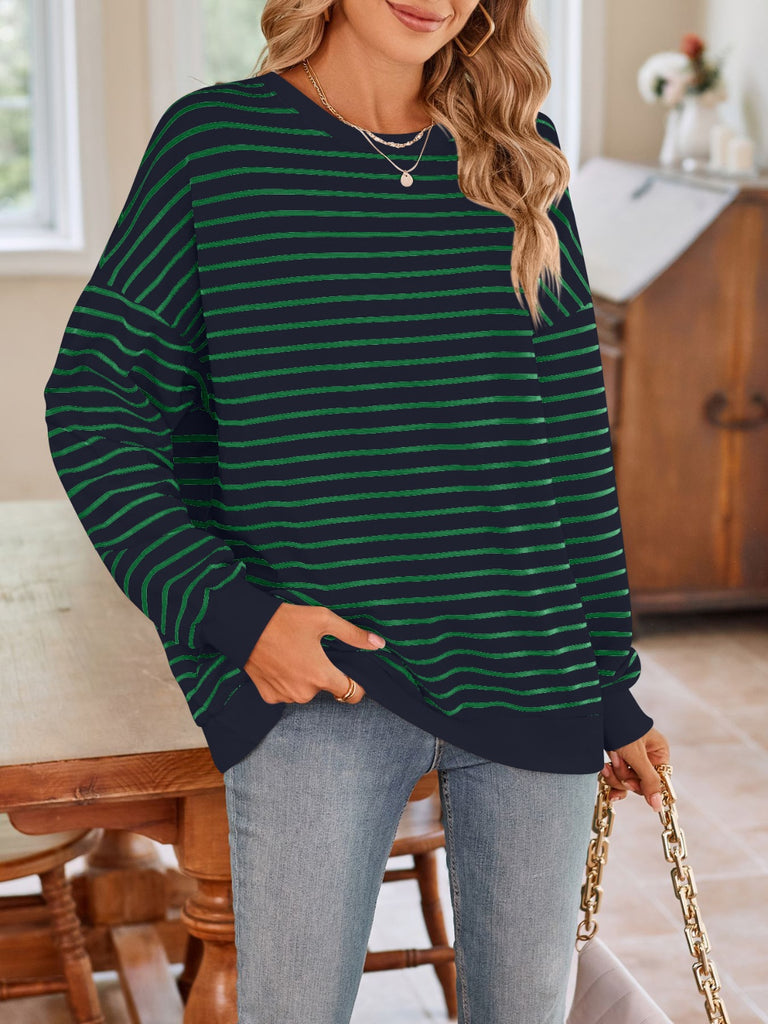 Striped Round Neck Long Sleeve Sweatshirt-Timber Brooke Boutique, Online Women's Fashion Boutique in Amarillo, Texas